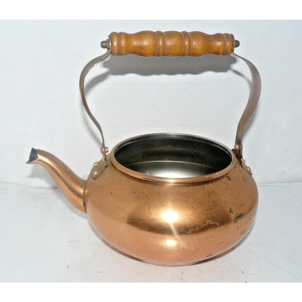Vintage copper tea kettle pot wooden handle planter flower pot gift - Picture 4 of 5
